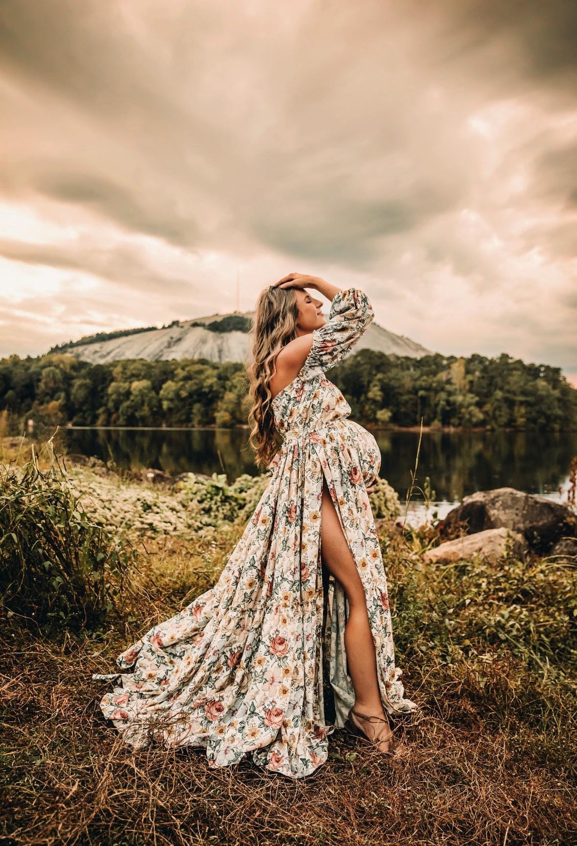 Off Shoulder Maxi Boho Dress For Spring Style Photoshoot by ZeBuBeYou ~ Cottagecore Maternity Gown ~ Floral Maternity Dress ~ Camille