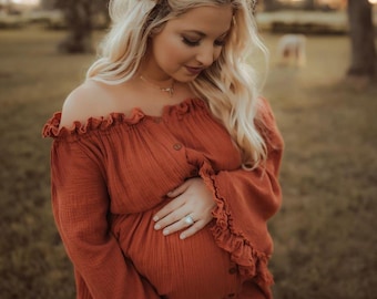 Boho Maternity Dress For Photoshoot or Elopement Dress by ZeBuBeYou® ~ Rust Maternity Gown With Sleeves Holiday Photo Props ~ Harmony