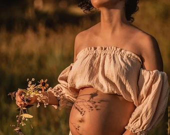 RTS Two piece Linen maternity dress outfit for photo shoot, 2 piece set women summer beach pregnancy photography, Crop Top maxi Skirt Set