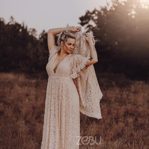plus size elopement dress A-line Bohemian Wedding with Side Cut Outs Convertible Design Boho Wedding Dress Plus Size,