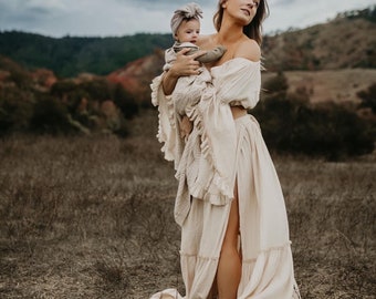 SAKIRA Zweiteiliges Umstandskleid für Fotoshooting, Boho Umstandskleid Babyparty, Schwangerschafts-Fotoshooting-Kleid, Flutter-Fotoshooting-Kleid