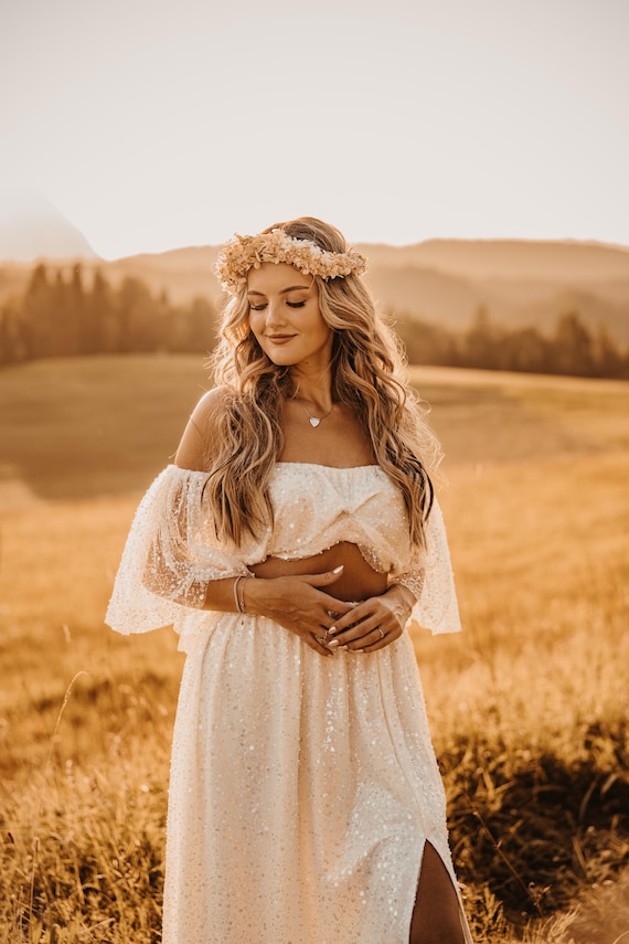 maternity wedding dress boho White ~ Sequin Wedding Dress for Maternity Photo Props ~ Vow Renewal Gown for Pregnancy Photoshoot ~ Virgina romantic pink dress Stunning Boho Maternity Dress rustic orange bridesmaid dresses Size:24