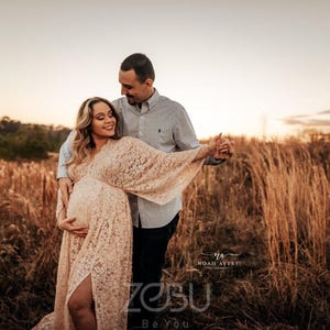 Boho Lace Dress, Maternity Gown For Baby Bump Photoshoot, Spring Style Clothing, Mothers Day Photoshoot, Baby Shower Photography ~ Athena Light hazelnut-shown