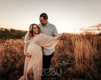 Boho Lace Dress, Maternity Gown For Photoshoot, Natural Fabrics Clothing, Baby Bump Photoshoot, Photography Props, Baby Shower Dress ~Athena