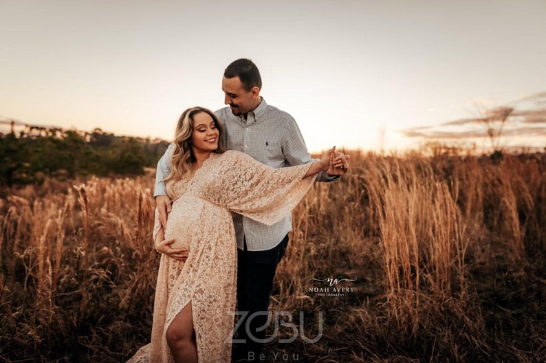 Boho Lace Dress, Maternity Gown For Baby Bump Photoshoot, Spring Style Clothing, Mothers Day Photoshoot, Baby Shower Photography ~ Athena Light hazelnut-shown