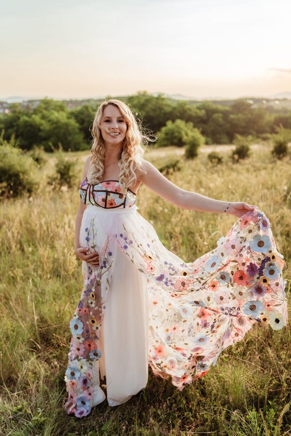 Maternity Two Piece Set, 3D Flowers Maternity Tulle Gown For Photoshoot, Summer Style, Photography Gown, Pregnancy Dress ~ Spring Love ~