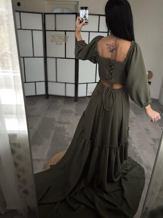 boho maternity photoshoot dress Hazel linen blend Vintage Off-the-shoulder High Slit Boho