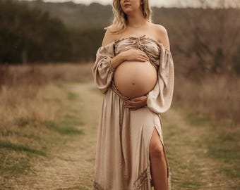 Maternity Dress by ZeBuBeYou, Boho Maternity Two Piece Set, Natural Fabrics Clothing, Photoshoot Dress, Pregnancy Photography Gown ~ Charm ~