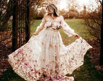 Abito premaman in 2 pezzi in stile primaverile per servizio fotografico ~ Abito per baby shower, abito boho floreale, abito fotografico, abito premaman ~ Spring Meadow