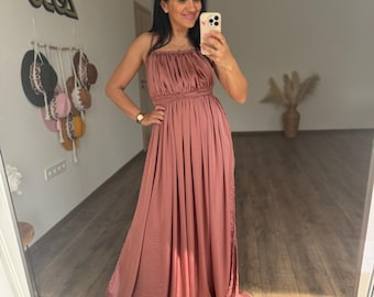 Silk Elegant Dress, Wedding Guest Dress, Convertible Maxi Dress, Open Back Dress, Maternity Photoshoot Dress, Summer Dress - RAINFOREST
