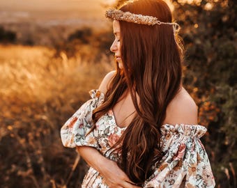 Floral Maternity Dress For Photoshoot by ZeBuBeYou ~ Boho Baby Shower Dress, Pregnant Wedding Guest Dress, Puff Sleeve Dress ~ Talia ~