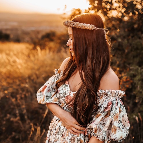 off the shoulder boho maternity dress Momyknows Boho Lace Off Shoulder Lace Tassel Crop 2-in-1 Side Slit Ruffle Photoshoot Maternity Maxi Dress, Apricot / S