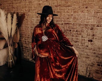 Rust Brown Velvet Maternity Dress For Photo Shoot by ZeBuBeYou® ~ Western Dress For Pregnancy Photos ~  Boho Maternity Photography Gown