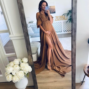 Open Shoulder Maternity Dress by ZeBuBeYou ~ Boho Maternity Gown, Baby Bump Photoshoot Outfit, Rustic Wedding Guest Dress ~ Provance ~