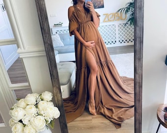 Open Shoulder Maternity Dress by ZeBuBeYou ~ Boho Maternity Gown, Baby Bump Photoshoot Outfit, Rustic Wedding Guest Dress ~ Provance ~
