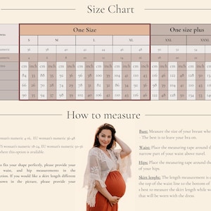 a pregnant woman wearing a size chart and posing for a photograph.