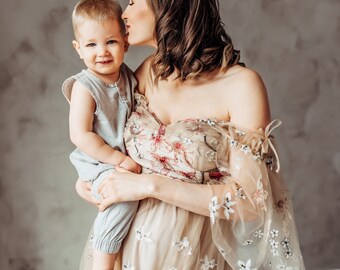 Floral Tulle Maternity dress for photoshoot, Boho Maternity gown baby shower, Photo shoot dress, Flutter Photoshoot dress- Maria Gown