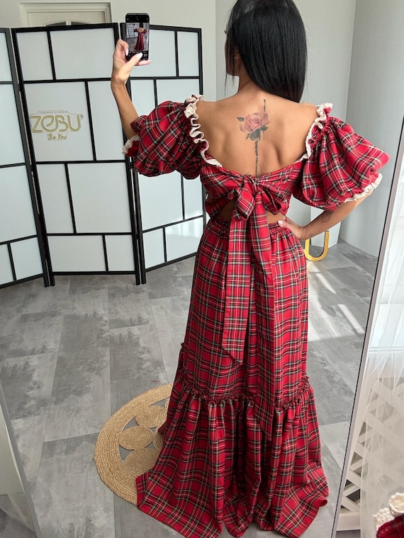 navy blue dress for baby girl Red Plaid Christmas Dress for Women, Holiday Photoshoot Gown, Winter Style Gifts, Womens Clothing, Vintage Christmas Party Dress ~ Simone