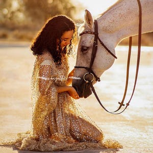Sheer Maternity Dress For Beach Photo Shoot, Photography Gown, Sparkly Pregnancy Dress, Goddess Maternity Dress, Gold Celestial Dress~Elise~