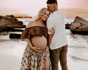2 Piece Dress Set For Boho Maternity Photoshoot ~ Maxi Ruffle Baby Shower Dress Best Summer Style ~ Floral Bohemian Dress ~ Inner Light ~