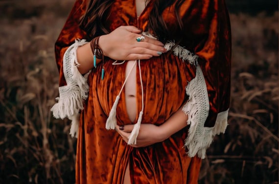 orange velvet maternity dress Velvet Maternity Dress For Photoshoot by ZeBuBeYou ~ Western Photoshoot Dress ~ Fringe Pregnancy Dress ~ Photography Gown ~ Alannah