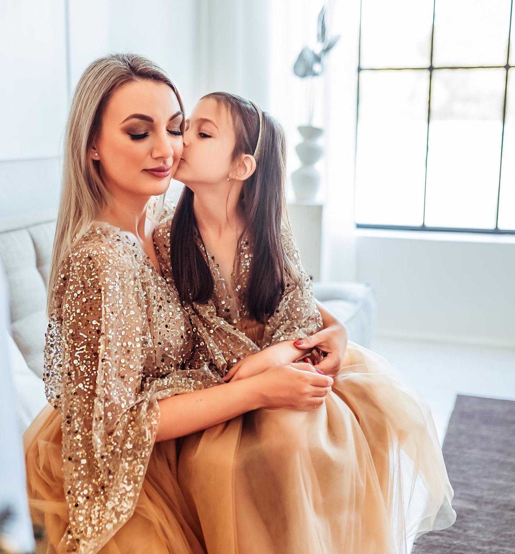 Girl Wearing Mom's Wedding Dress Daughter Matching Daughter