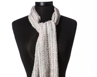 White and pastel handwoven wool scarf, winter scarf