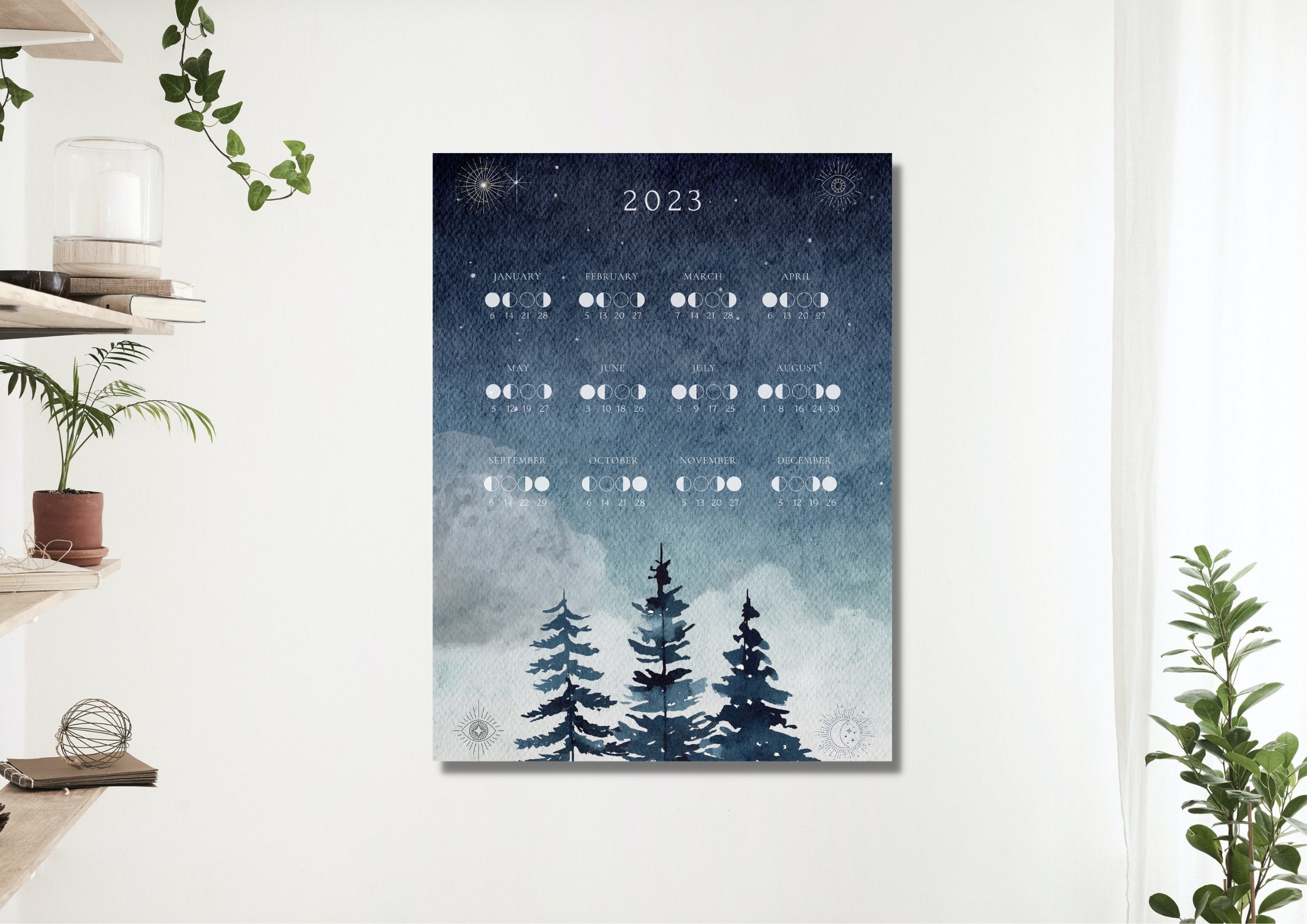 MondphasenKalender 2023 // Boho Mond Vollmond Kalender druckbar Digital 