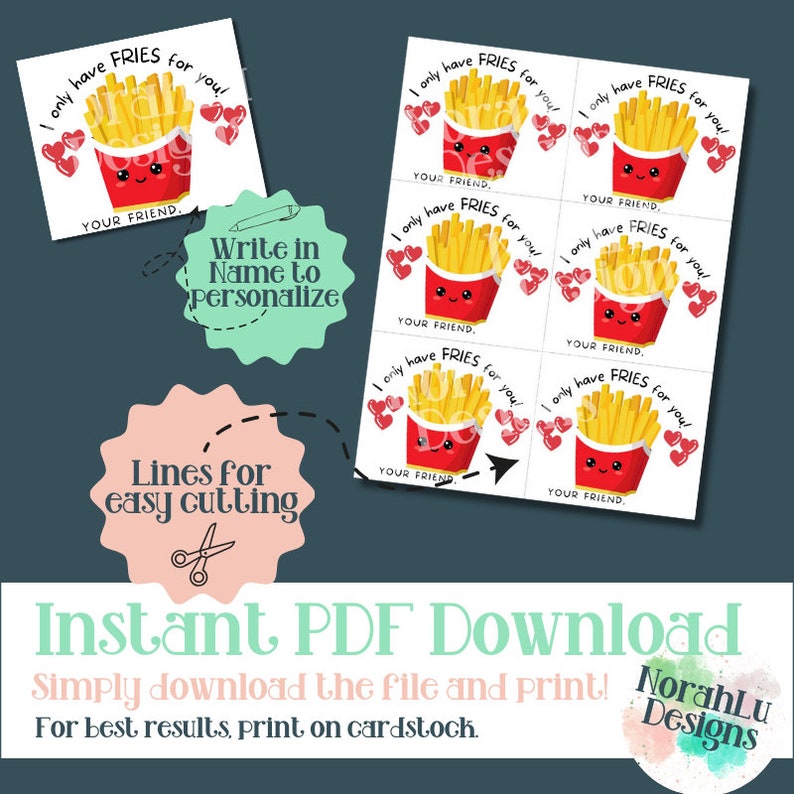 PRINTABLE Valentine's Day Cards, I Only Have FRIES for You, Classroom ...