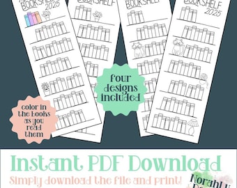 May include: Four printable book tracking sheets with different designs. Each sheet has a bookshelf with spaces to color in books as you read them. The designs include a bookshelf with a plant, a bookshelf with a cat, a bookshelf with yarn, and a bookshelf with a lamp.