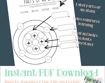 PRINTABLE Science Parts of an Atom Worksheet; Homeschool Science; Classroom Science