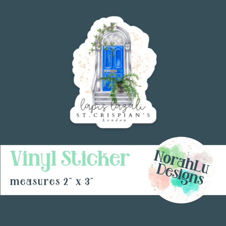 Puede incluir: Adhesivo de vinilo con una puerta azul con una planta y el texto "lapis lazuli St. Crispian's London". El adhesivo mide aproximadamente 5 cm por 7,6 cm.