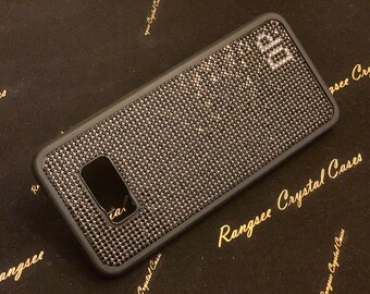 Galaxy s8 Plus Case / Galaxy s8+ Case, Jet Black Rhinestone Crystals on Black Rubber Case with 2 small initials