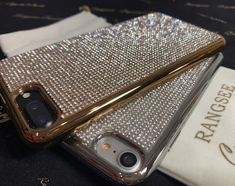 iPhone SE 2020, iPhone 8 with Clear Diamond Rhinestone Crystals on Silver Chrome TPU/PC Case