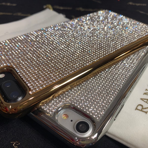 iPhone SE 2020, iPhone 8 with Clear Diamond Rhinestone Crystals on Silver Chrome TPU/PC Case