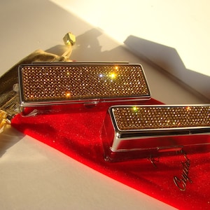 Gold Topaz Rhinestone Crystals on a Lipstick Case/Lipstick Box/Lipstick Holder with Mirror (Red Velvet bag included)