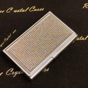 Business Card Case/Holder (Stainless Steel) with Crystal AB Rhinestone Crystals (Red Velvet Pouch bag included)
