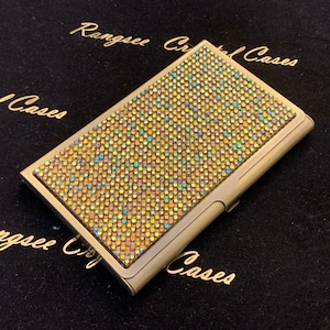 Business Card Case/Holder (Brass ) with Gold Topaz AB Rhinestone Crystals (Red Velvet Pouch bag included)