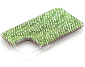 iPhone 11, iPhone 11 Pro ,iPhone 11 Pro Max with  Green Peridot Rhinestone Crystals on Clear TPU/PC Case (Gold Edition)