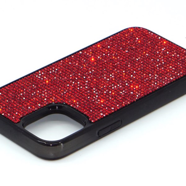 iPhone 13, iPhone 13 Mini, iPhone 13 Pro, iPhone 13 Pro Max with Red Siam Rhinestone Crystals on Black TPU/PC Case