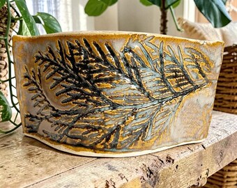 Artisan Signed Textured Ceramic Vase or Planter - Bohemian Catch All Container - Pine Branch Imprint
