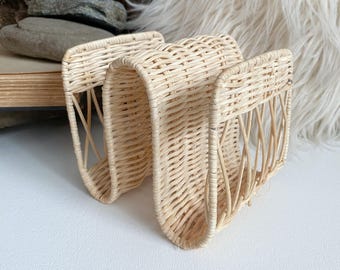 Vintage Wicker Letter or Napkin Holder with Curved Design | Bohemian MCM Boho Neutral Wood Home Aesthetic