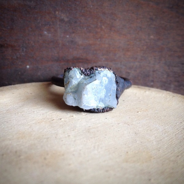 Raw Stone Ring - Blue Calcite Statement Ring - Unique Oxidized Ring - Copper Ring - Semiprecious Stone Ring - SIZE 6