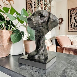 May include: A dark bronze-colored sculpture of a dog head and neck, featuring detailed fur texture and a smooth snout. The sculpture is mounted on a square, polished black base, creating a solid and stable display piece for any flat surface.