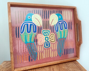 1960s Mola Kuna Folk Art Serving Tray | Bird Parrot MCM Boho Wood
