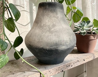 Wabi Sabi Minimalist Signed Artisan Pottery Vase - Distressed Rustic Matte Charcoal and White