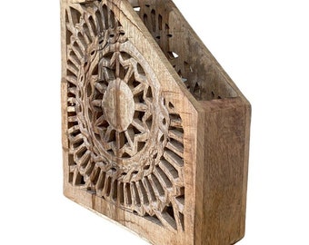 Indonesian Carved Wooden Box Magazine Letter Holder - Boho Office Decor