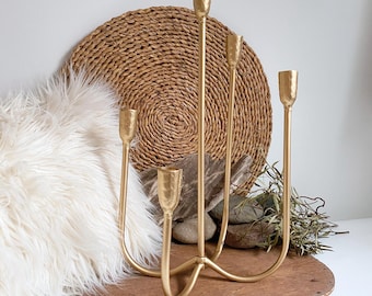 Tabletop Goldtone Textured Metal 5 Candle Tiered Candelabra - Bohemian Boho Home Decor Centerpiece