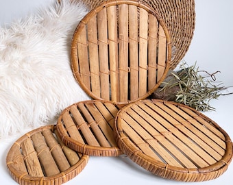 Set of 4 Round Bamboo Woven Trivets | MCM Boho Neutral Wood Home