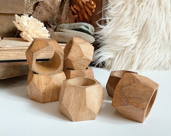 Vintage geometrische MCM teakhouten servetringen - servethouder - set van 7 | Boho MCM Boho Neutraal hout Huisesthetiek
